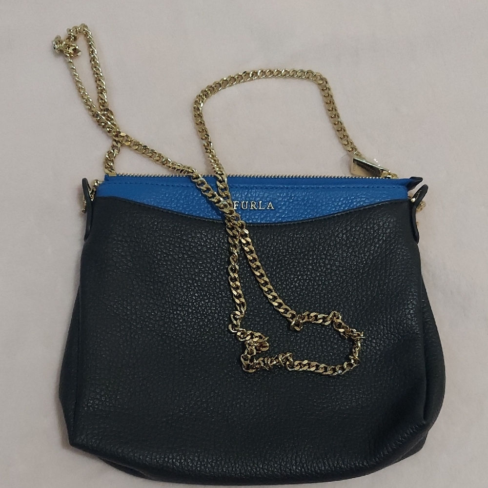 Furla Black and Blue Crossbody Bag with Gold Chain